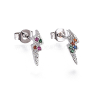 Brass Micro Pave Cubic Zirconia Flash Crawler Stud Earrings, Climber Earrings, with Brass Ear Nuts, Lightning Bolt, Colorful, Platinum, 10~10.5x3.5mm, Pin: 0.7mm(EJEW-F201-03P)