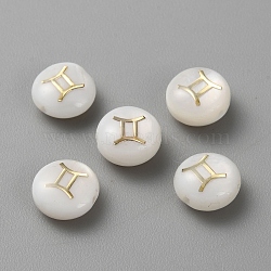 5Pcs Natural Freshwater Shell Beads, Flat Round with Constellation Pattern, WhiteSmoke, Gemini, 8~10x4.5mm, Hole: 0.8mm(BSHE-TAC0004-01E)