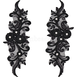 Sew on Flower Appliques, with Resin & Rhinestone, Polyester Embroidery Appliques, Sewing Craft Decoration, Black, 360x125x1.3~5.5mm(PATC-WH0005-42A)
