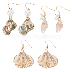 ANATTASOUL 3 pairs 3 style Natural Shell Dangle Earrings with Plastic Pearl Beaded, Golden Brass Jewelry for Women, Mixed Color, 38~63mm, Pin: 0.8mm, 1 Pair/style(EJEW-AN0003-49)