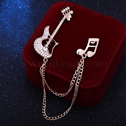 Guitar Musical Note Alloy Crystal Rhinestone Hanging Chain Brooch, Golden, 140x50x20mm(PW-WG75C60-01)