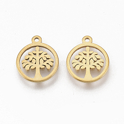 201 Stainless Steel Charms, Flat Round with Tree of Life, Golden, 12x10x1mm, Hole: 1mm(X-STAS-T050-020G)