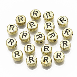 Plating Acrylic Beads, Horizontal Hole, Flat Round with Letter, Golden Plated, Black, Letter.R, 7x4mm, Hole: 1.2mm(X-PACR-CD0001-R)