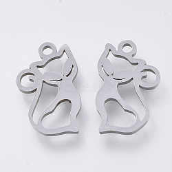 Tarnish Resistant 201 Stainless Steel Kitten Pendants, Laser Cut Pendants, Hollow Cat Shape, Stainless Steel Color, 15x9x1mm, Hole: 1.2mm(STAS-S110-048P)