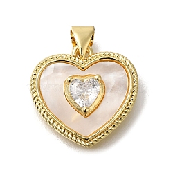 Brass Micro Pave Cubic Zirconia Pendants, with Shell, Heart Charms, with Jump Ring, Real 16K Gold Plated, 17.5x18x5mm, Hole: 4x3mm(X-KK-R002-10G)