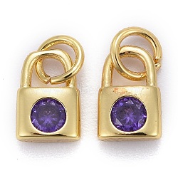 Brass Micro Pave Cubic Zirconia Pendants, Long-Lasting Plated, Real 18K Gold Plated, with Jump Rings, Lock, Medium Purple, 9x6x2.5mm, Hole: 3mm(KK-P192-09-G08)