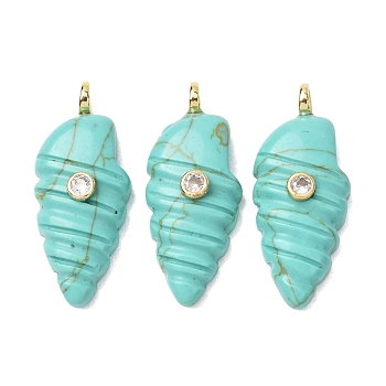 Synthetic Turquoise Carved Pendants, Conch Shape Charms with Brass Micro Pave Clear Cubic Zirconia Findings, Golden, 31~32x13~14x6~7.5mm, Hole: 3mm