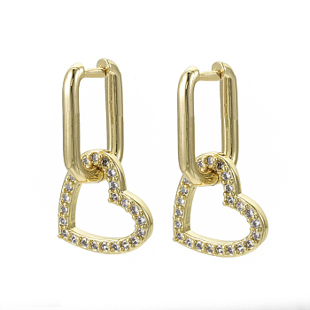 Brass Micro Pave Clear Cubic Zirconia Dangle Huggie Hoop Earrings, Nickel Free, Heart, Real 16K Gold Plated, 29mm, Pin: 1mm