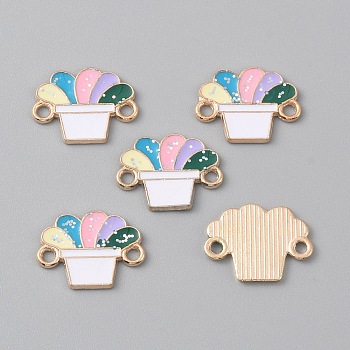 Alloy Colorful Enamel Connector Charms, with Paillette, Light Gold, Plants Pattern, 17x13x1mm, Hole: 1.8mm