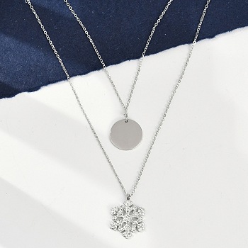 304 Stainless Steel Double Layered Necklaces, Polymer Clay Rhinestone Snowflake & Disc Pendant Necklaces for Women, Stainless Steel Color, Crystal, 16.34 inch(41.5cm)