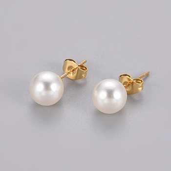 Plastic Imitation Pearl Stud Earrings, with 304 Stainless Steel Pins and Ear Nuts, Round Ball, Golden, 8mm, Pin: 0.6mm, 6pairs/card
