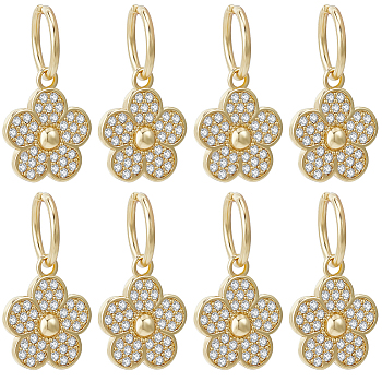 8Pcs Brass Micro Pave Clear Cubic Zirconia Charms, with Jump Ring, Long-Lasting Plated, Flower, Real 18K Gold Plated, 15x13x3mm, Jump Ring: 10x1mm, 7.5mm Inner Diameter