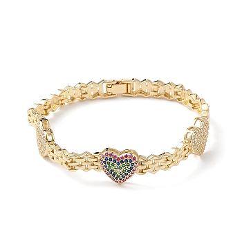 Cubic Zirconia Heart Link Bracelets, Brass Jewelry for Women, Real 16K Gold Plated, 7 inch(17.9cm), 6.5mm