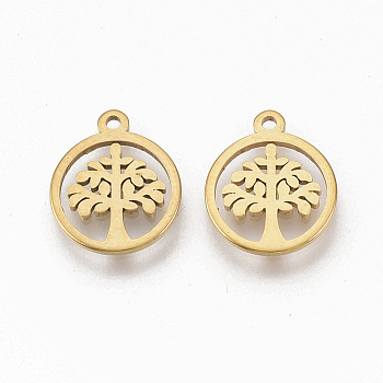 201 Stainless Steel Charms, Flat Round with Tree of Life, Golden, 12x10x1mm, Hole: 1mm