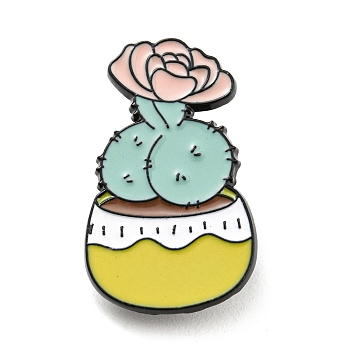 Cactus & Flower Enamel Pins, Black Alloy Brooches for Backpack Clothes, Pale Turquoise, 30x18x1.5mm