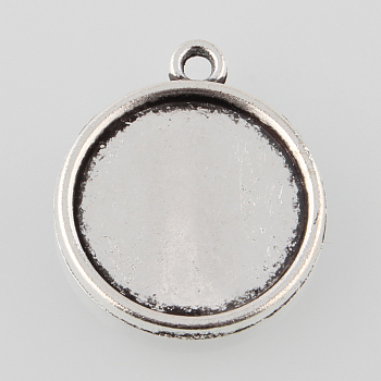 Tibetan Style Alloy Flat Round Pendant Cabochon Settings, Cadmium Free & Lead Free, Double-sided Tray, Plain Edge Bezel Cups, Antique Silver, Tray: 16mm, 22x19x3mm, Hole: 1mm, about 500pcs/1000g