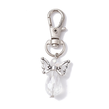 Angel Glass Beads Pendants Decorations, with Alloy Swivel Lobster Claw Clasps, Clear, 57mm