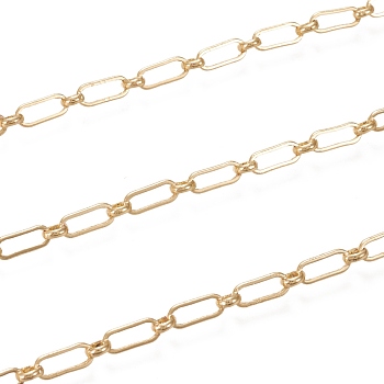 Brass Cable Chains, Paperclip Chains, Drawn Elongated Cable Chains, with Spool, Long-Lasting Plated, Soldered, Real 18K Gold Plated, 9x4x1mm and 4x3.5x1.5mm, about 16.4 Feet(5m)/roll