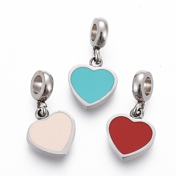 304 Stainless Steel Enamel Charms, Heart, Stainless Steel Color, Mixed Color, 13.2mm, Charm: 8.6x6.5x1.8mm, Hole: 2.5mm