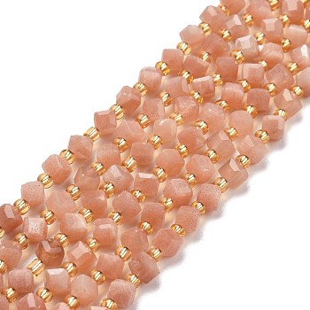 Natural Peach Moonstone Beads Strands, with Seed Beads, Faceted, Diagonal Cube Beads, 5~6x5~6x4~5mm, Hole: 1mm, about 49~55pcs/strand, 15.35''~15.75''(39~40cm)