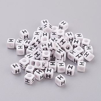 Pandahall 50g Opaque Acrylic Horizontal Hole Letter Beads, Cube, Letter H, 6x6x6mm, Hole: 3.2mm