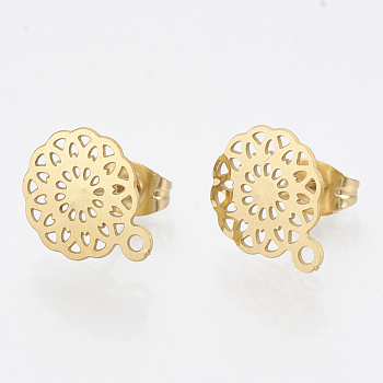 304 Stainless Steel Stud Earring Findings, with Loop, Flower, Golden, 13x10.5mm, Hole: 1mm, pin: 0.7mm