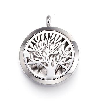 316 Surgical Stainless Steel Diffuser Locket Pendants, with Perfume Pad and Magnetic Clasps, Flat Round with Tree of Life, Stainless Steel Color, 36.5~37x30x6~6.5mm, Hole: 5mm, inner diameter: 23mm, 12Color/Set