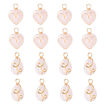16Pcs 2 Style Natural Rose Quartz Pendants, with Wire Wrapped, Heart & Teardrop, 21~25x13~15x7~8.5mm, Hole: 3.4~4mm, 8pcs/style