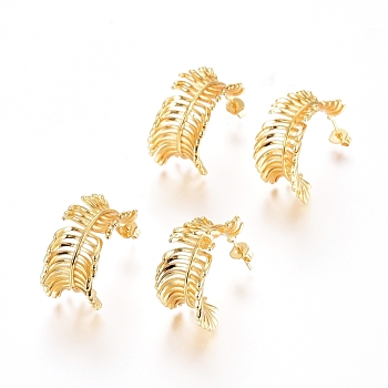 Brass Stud Earrings, with Ear Nuts, Long-Lasting Plated, Feather, Real 18K Gold Plated, 24x13.5x19mm, Pin: 0.7mm