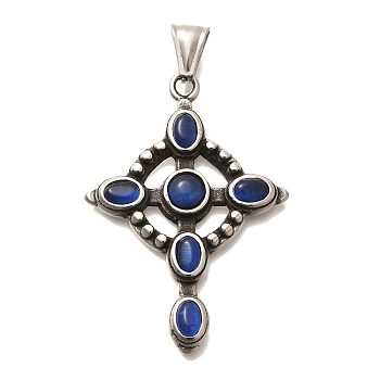 Antique Silver 304 Stainless Steel Pendants, Cross Pendants, with Cat Eye , Blue, 50x35x5.50mm,Hole:7.50mm