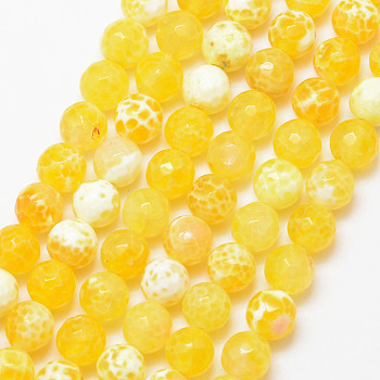 Natural Fire Crackle Agate Bead Strands, Round, Grade A, Faceted, Dyed & Heated, Yellow, 6mm, Hole: 1mm, about 61pcs/strand, 15 inch