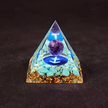 Resin Orgonite Pyramid Home Display Decorations, with Natural Amethyst/Natural Gemstone Chips, Constellation, Sagittarius, 50x50x50mm