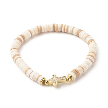 Polymer Clay Heishi Beads Stretch Bracelet for Women, Cross Cubic Zirconia Link Bracelet, Golden, PeachPuff, Inner Diameter: 2-1/4 inch(5.6cm)