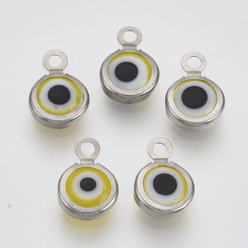 Handmade Lampwork Charms, with 304 Stainless Steel Findings, Flat Round with Evil Eye, Yellow, 9.5x6.5x2.5mm, Hole: 1.5mm