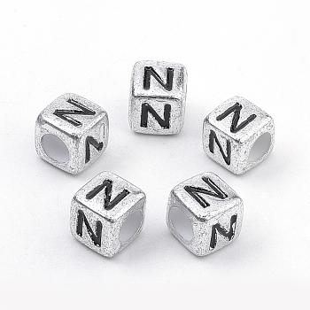 Plated Acrylic Beads, Horizontal Hole, Cube with Letter, Antique Silver, Letter.N, 6mm, Hole: 3mm, about 3000pcs/500g