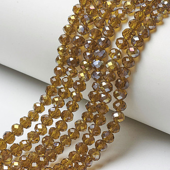 Electroplate Transparent Glass Beads Strands, Half Rainbow Plated, Faceted, Rondelle, Goldenrod, 4x3mm, Hole: 0.4mm, about 123~127pcs/strand, 16.5~16.9 inch(42~43cm)