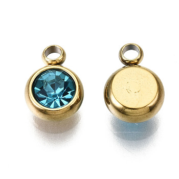 Vacuum Plating 201 Stainless Steel Rhinestone Charms, Birthstone Charms, Flat Round, Real 18K Gold Plated, Aquamarine, 8.5x6x3mm, Hole: 1.5mm