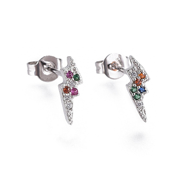 Brass Micro Pave Cubic Zirconia Flash Crawler Stud Earrings, Climber Earrings, with Brass Ear Nuts, Lightning Bolt, Colorful, Platinum, 10~10.5x3.5mm, Pin: 0.7mm