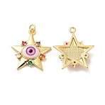 Brass Micro Pave Colorful Cubic Zirconia Pendants, with Resin, Real 18K Gold Plated, Star with Evil Eye, Hot Pink, 32x29.5x7mm, Jump Ring: 6x1mm, Inner Diameter: 4mm(ZIRC-E006-05G-01)