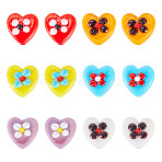 12Pcs 6 Colors Handmade Lampwork Beads, Hand Painted Beads, Heart with Flower, Mixed Color, 15~16x16~17x8~10mm, Hole: 1.2~1.6mm, 2pcs/color(LAMP-TA0002-56)