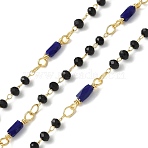 Brass Link Chains, with Glass Beads, Ion Plating(IP), Soldered, Cadmium Free & Nickel Free & Lead Free, Real 18K Gold Plated, with Spool, Blue, 13.5x3mm, 10m/roll.(CHC-C009-01G-03)