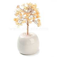 Natural Citrine Chips Tree of Life Decorations, Round Porcelain Base with Copper Wire Feng Shui Energy Stone Gift for Home Office Desktop Decoration, 57x113~129mm(DJEW-C016-02M)