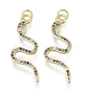 Brass Micro Pave Cubic Zirconia Pendants, with Jump Ring, Nickel Free, Snake, Real 16K Gold Plated, Colorful, 31~32x12x3mm, Hole: 3mm(ZIRC-N039-030C-NF)