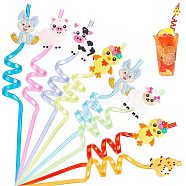 PET Spiral Drinking Straws, with Silicone Straw Marking Decors, Animal, Mixed Color, 253~276x26~27mm, 8pcs/set(FEPA-WH0001-07)