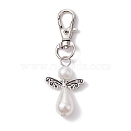 Angel ABS Plastic Imitation Pearl Pendant Decorations, with Alloy Swivel Lobster Claw Clasps, White, 63.5mm(HJEW-JM01359-02)