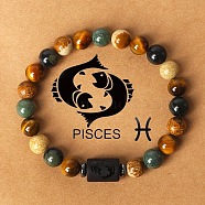 Twelve Constellations Natural Tiger Eye & Picture Jasper & Rhyolite Jasper Round & Column Beaded Stretch Bracelets for Women Men, with Gift Card, Pisces, 2-3/8 inch(6cm)(WG6FA5D-02)