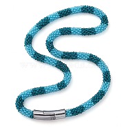Glass Crochet Beaded Necklace, Fashion Nepal Necklace with Alloy Magnetic Clasps, Light Sky Blue, 17.87 inch(45.4cm)(NJEW-Z029-04G)