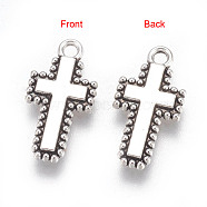 Tibetan Style Alloy Pendants, Cadmium Free & Nickel Free & Lead Free, Cross, Antique Silver Color, about 10mm wide, 20mm long, 2mm thick, hole: 2mm(X-LF0169Y-NF)