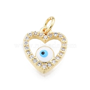 Brass Micro Pave Clear Cubic Zirconia Charms, with Enamel and Jump Rings, Golden, Heart with Evil Eye, White, 13x11x3mm, Hole: 3mm(KK-I691-01D)