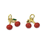 Brass Enamel Charms, Cherry Charms, Long-Lasting Plated, Real 18K Gold Plated, Red, 11x13x5.5mm, Hole: 2.4mm(KK-B026-13G)